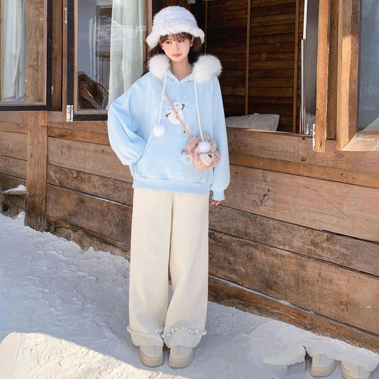 Sweet Style Cartoon Blue Snowman Embroidered Hoodie