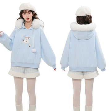Sweet Style Cartoon Blue Snowman Embroidered Hoodie