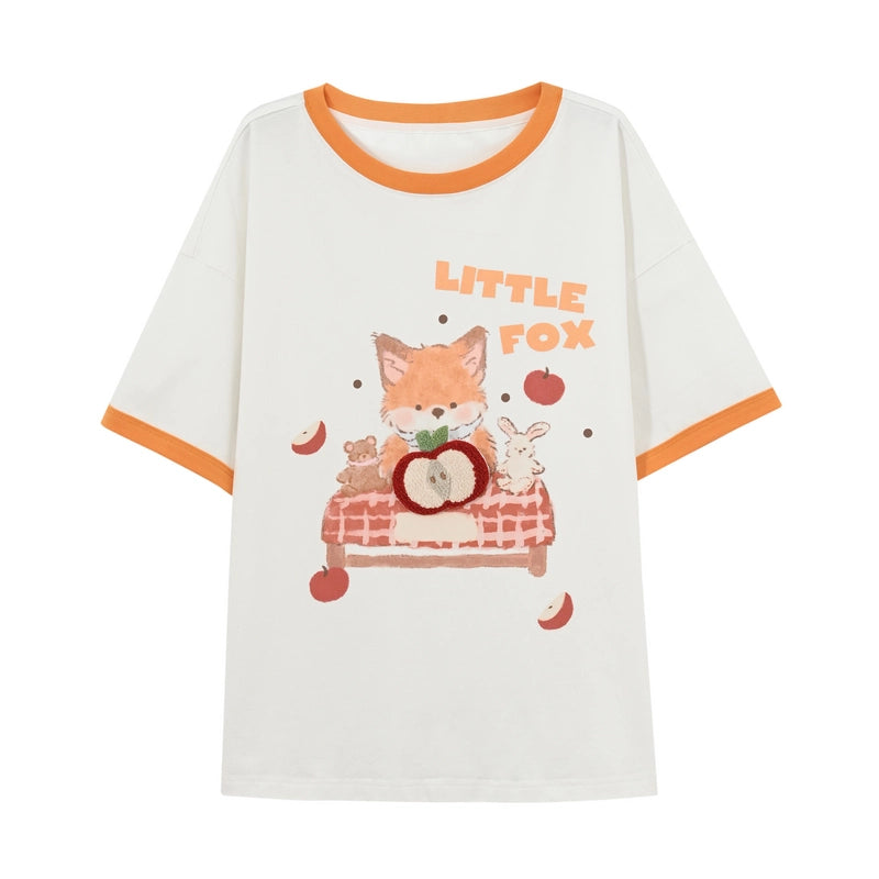 Sweet Style Cartoon Fox Print Round-Neck T-shirt