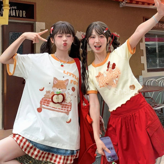 Sweet Style Cartoon Fox Print Round-Neck T-shirt