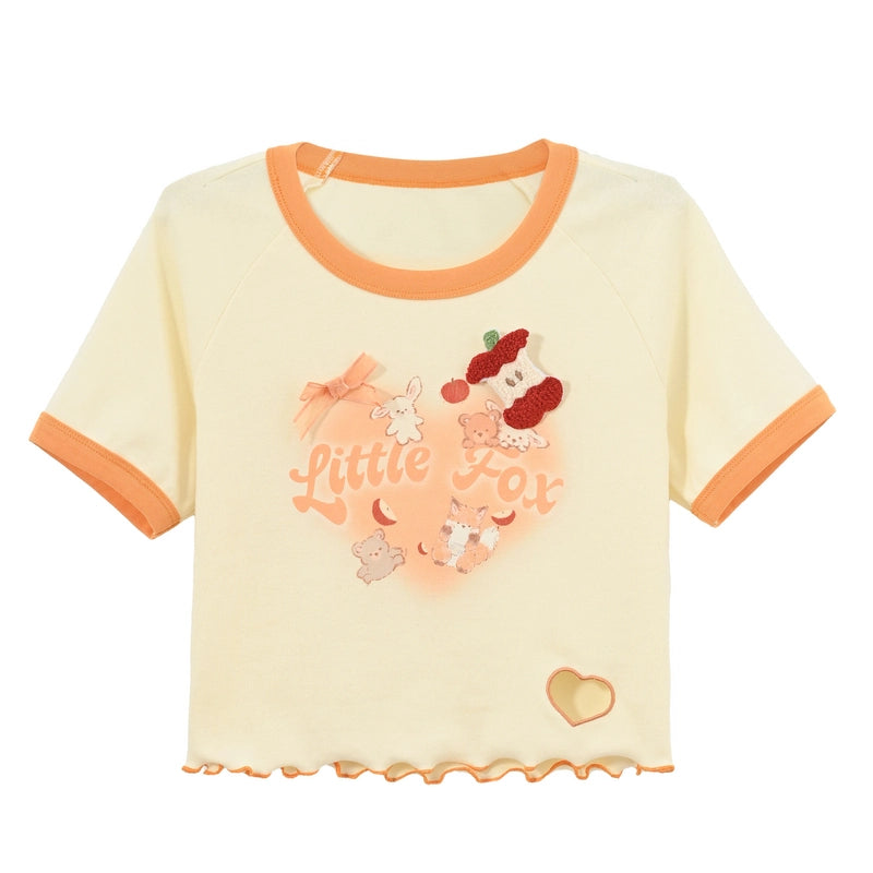 Sweet Style Cartoon Fox Print Round-Neck T-shirt