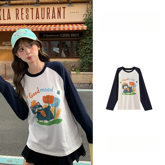 Sweet Style Cat Print Long-Sleeved T-Shirt