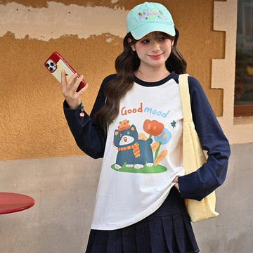 Sweet Style Cat Print Long-Sleeved T-Shirt