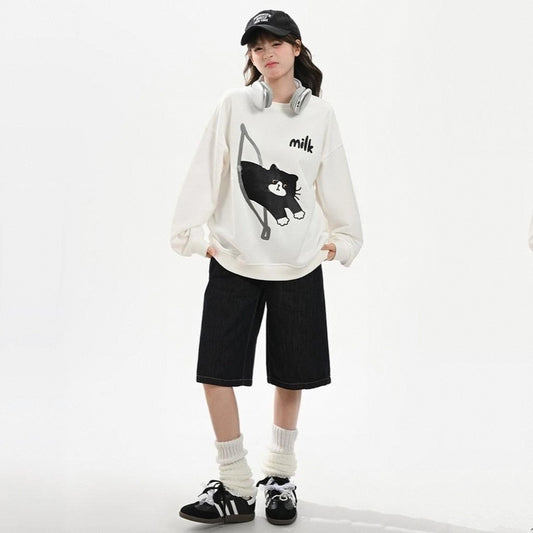 Sweet Style Cute Cat Print Round Neck Sweatshirt