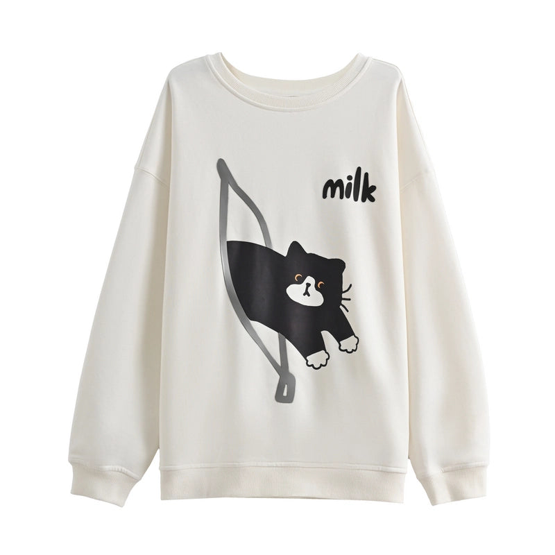 Sweet Style Cute Cat Print Round Neck Sweatshirt