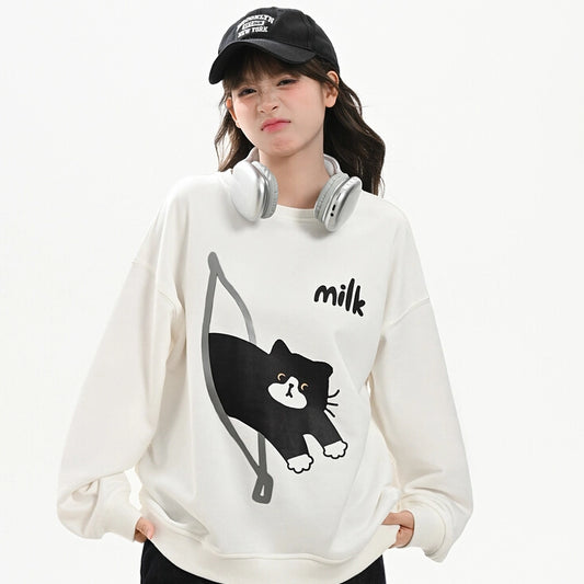 Sweet Style Cute Cat Print Round Neck Sweatshirt