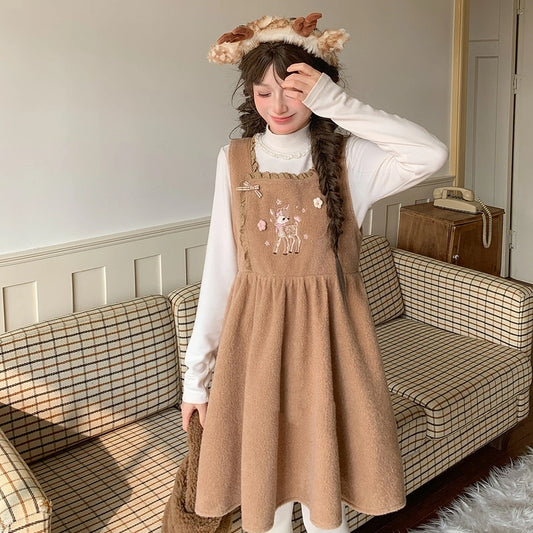 Sweet Style Deer Embroidery Plush Overall Dress
