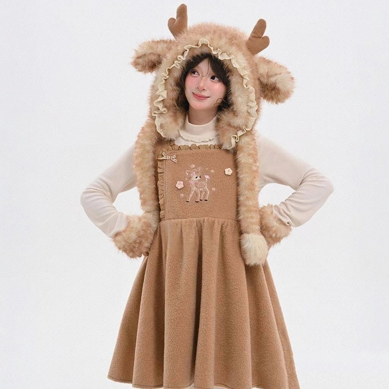 Sweet Style Deer Embroidery Plush Overall Dress