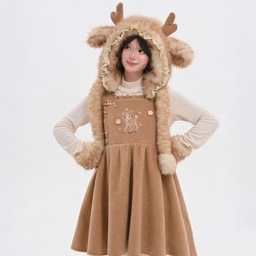 Sweet Style Deer Embroidery Plush Overall Dress