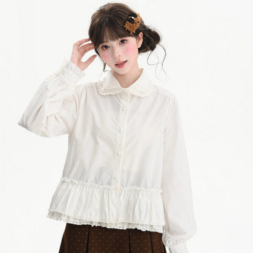 Sweet Style Double Lace Doll Collar Cotton Blouse