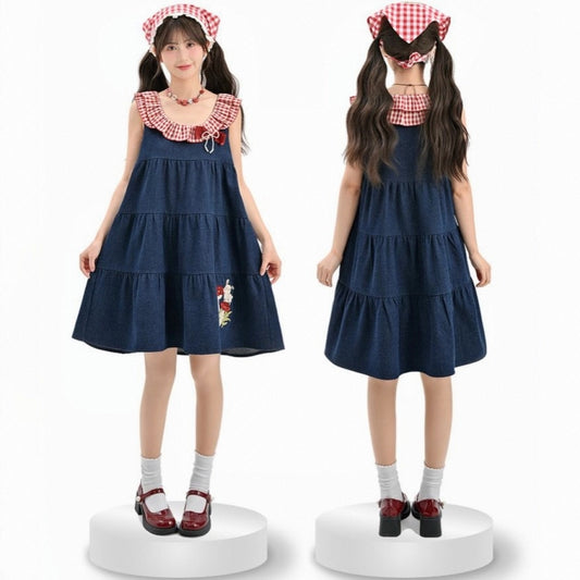 Sweet Style Red Plaid Patchwork Denim Vest Dress