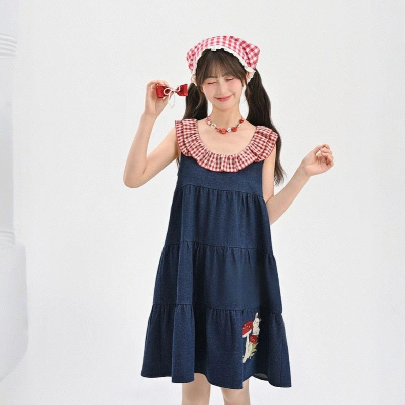Sweet Style Red Plaid Patchwork Denim Vest Dress