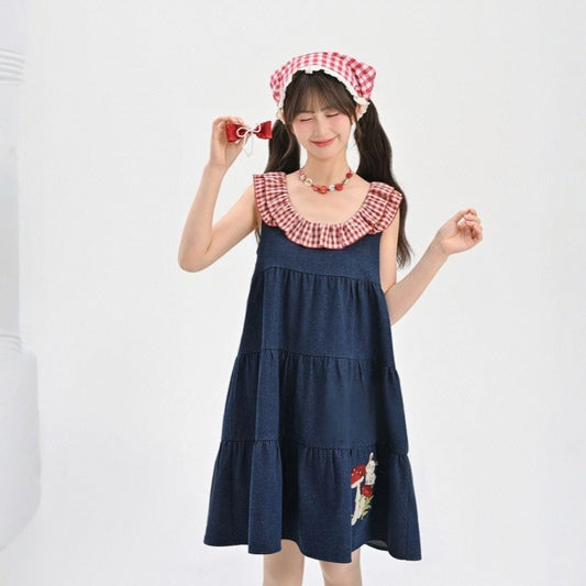 Sweet Style Red Plaid Patchwork Denim Vest Dress