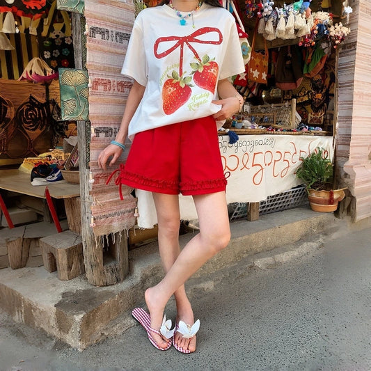 Sweet Style Red Ruffled Edge Shorts