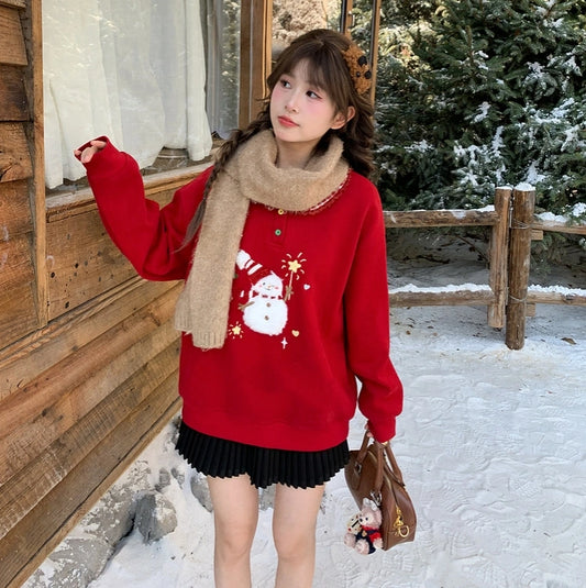 Sweet Style Red Snowman Embroidered Sweatshirt