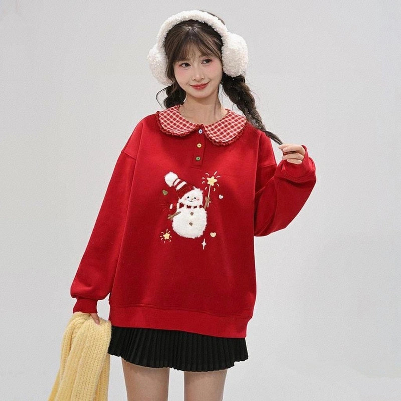 Sweet Style Red Snowman Embroidered Sweatshirt