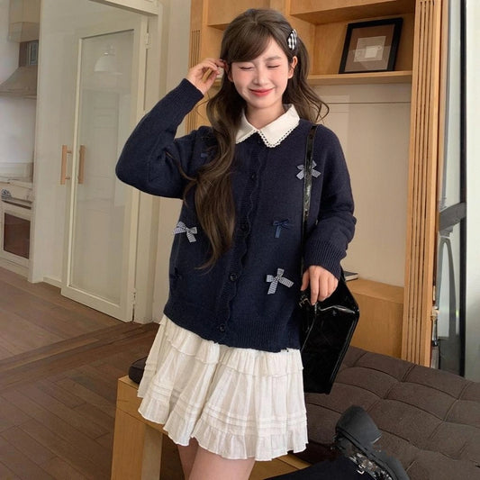 Sweet Style Solid Color Cardigan Round Neck Sweater