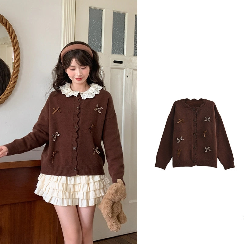 Sweet Style Solid Color Cardigan Round Neck Sweater
