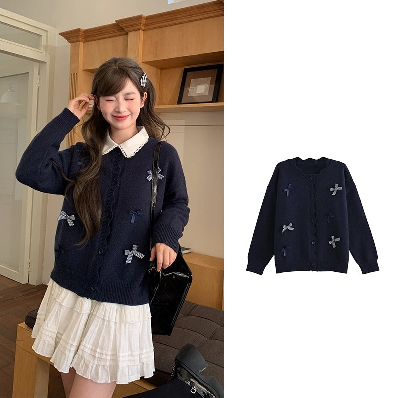 Sweet Style Solid Color Cardigan Round Neck Sweater