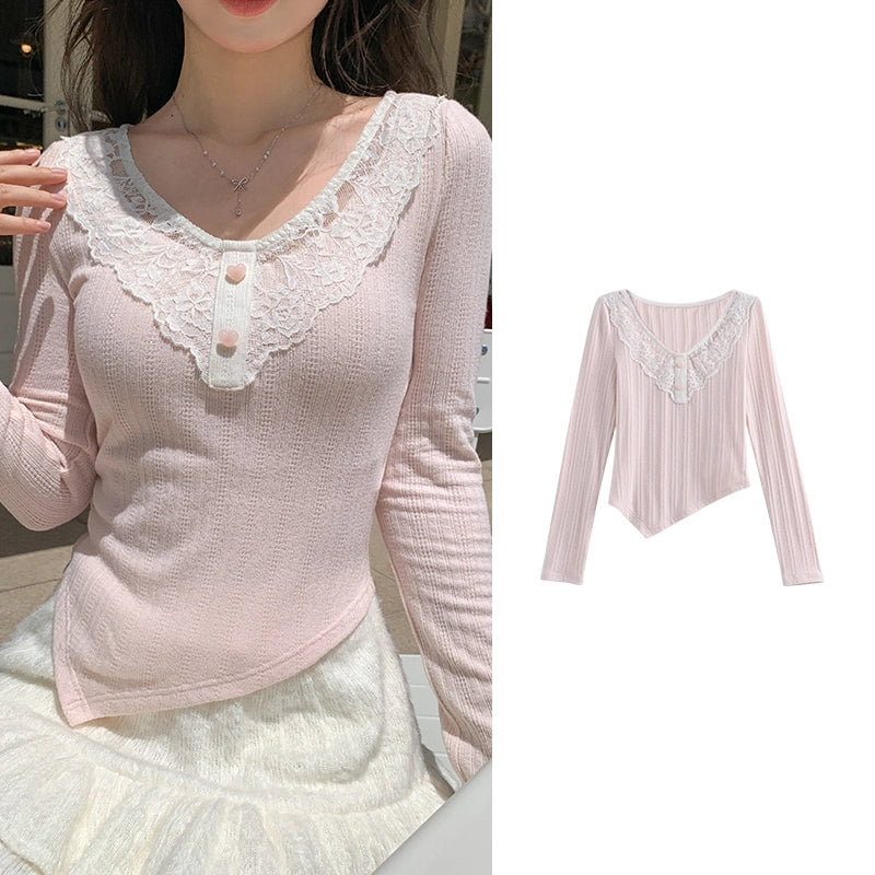 Sweet Style Solid Color Irregular Knit Long-Sleeved T-shirt