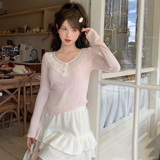 Sweet Style Solid Color Irregular Knit Long-Sleeved T-shirt
