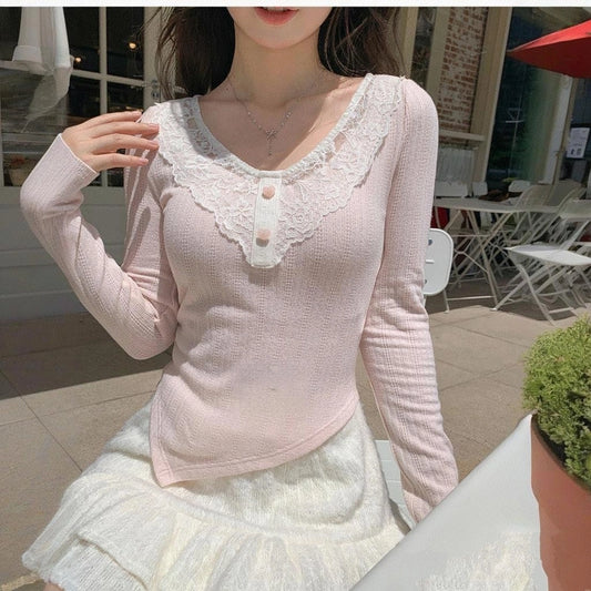 Sweet Style Solid Color Irregular Knit Long-Sleeved T-shirt