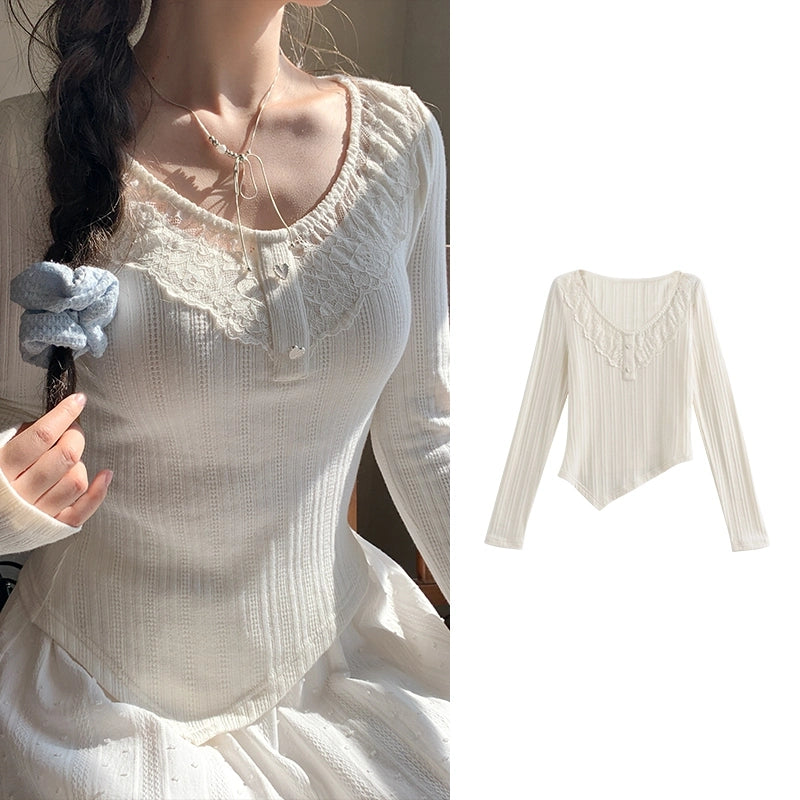 Sweet Style Solid Color Irregular Knit Long-Sleeved T-shirt