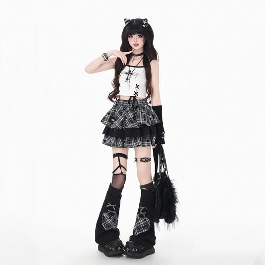 Sweet Style Star Checkered Cake Skirt With Socks