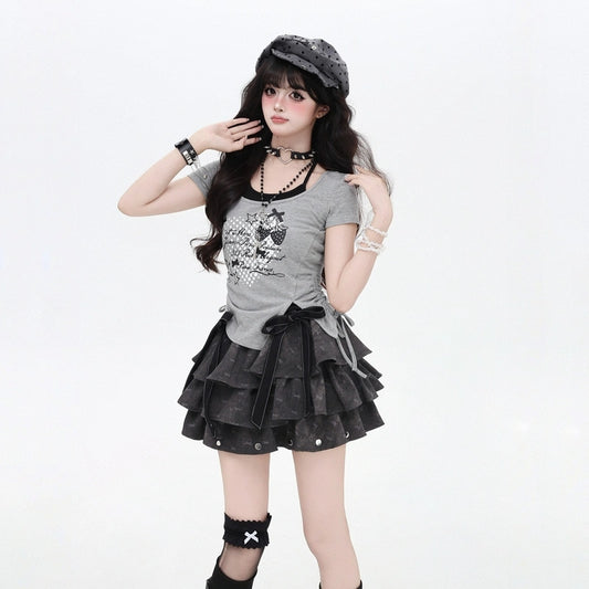 Sweet Style Strawberry Print Fake Two-piece Halter T-shirt