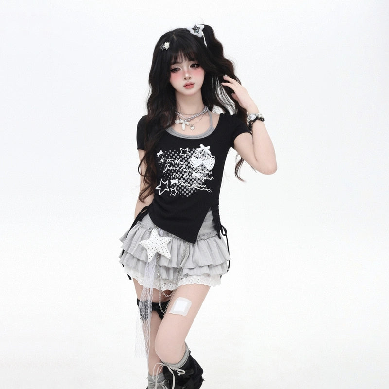 Sweet Style Strawberry Print Fake Two-piece Halter T-shirt