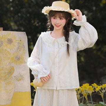 Sweet Style White Lace Ruffled Collar Blouse