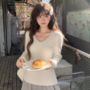 Sweet Style White Lace V-neck Long-Sleeved T-shirt