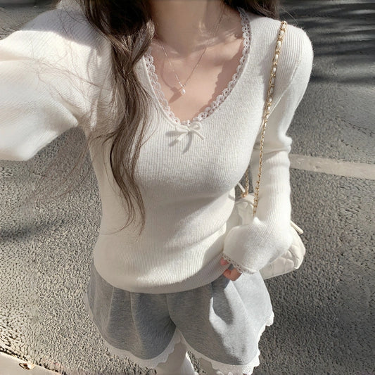 Sweet Style White Lace V-neck Long-Sleeved T-shirt