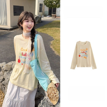 Sweet Style Yellow Cartoon Long-Sleeved T-shirt