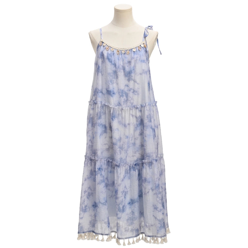 Sweet Vacation Style Blue Tie-Dye Print Suspender Dress