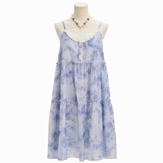 Sweet Vacation Style Blue Tie-Dye Print Suspender Dress
