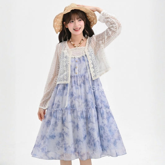Sweet Vacation Style Blue Tie-Dye Print Suspender Dress