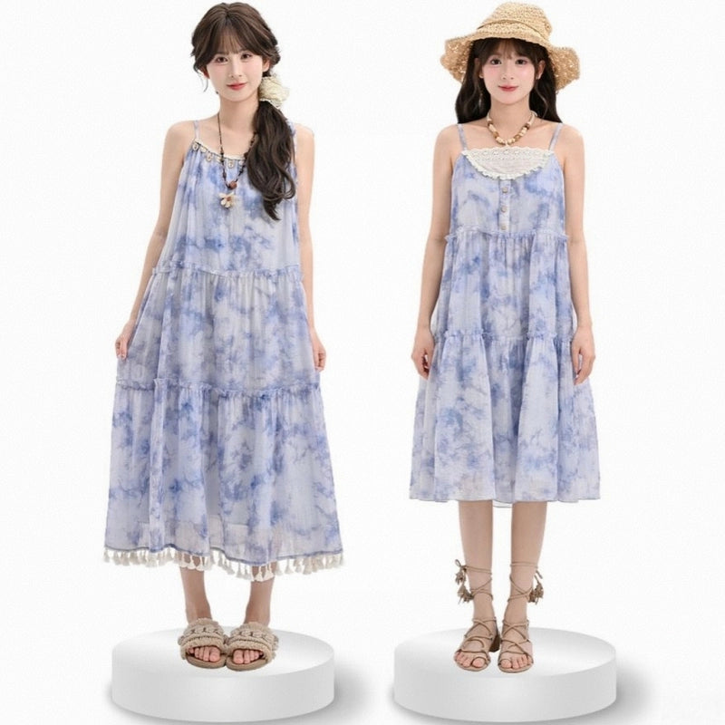 Sweet Vacation Style Blue Tie-Dye Print Suspender Dress