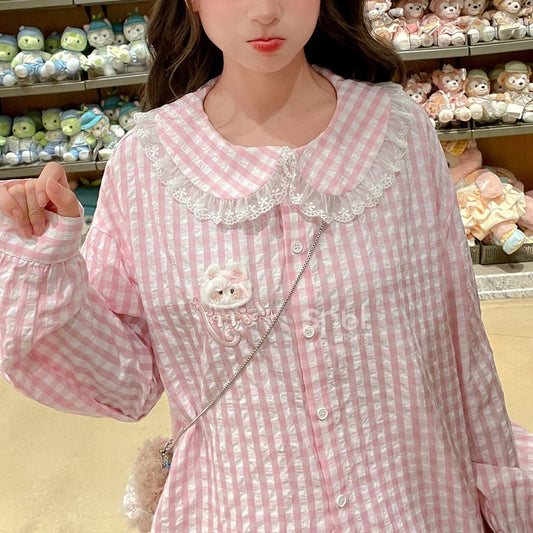 Sweet Cute Pink Plaid Doll Collar Blouse