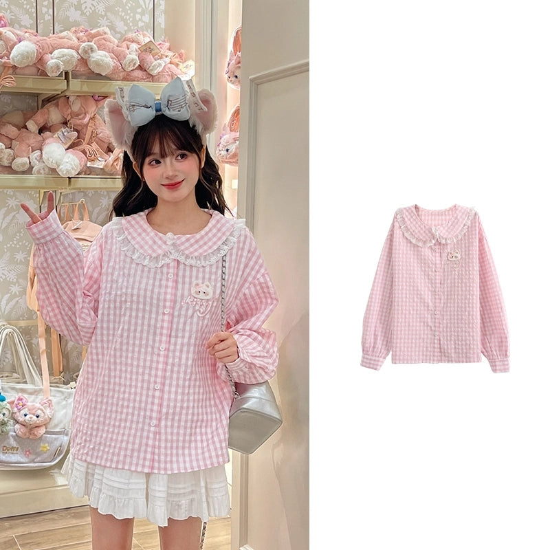 Sweet Cute Pink Plaid Doll Collar Blouse