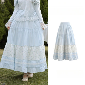 Sweet Girlish Blue Floral Print Long Skirt