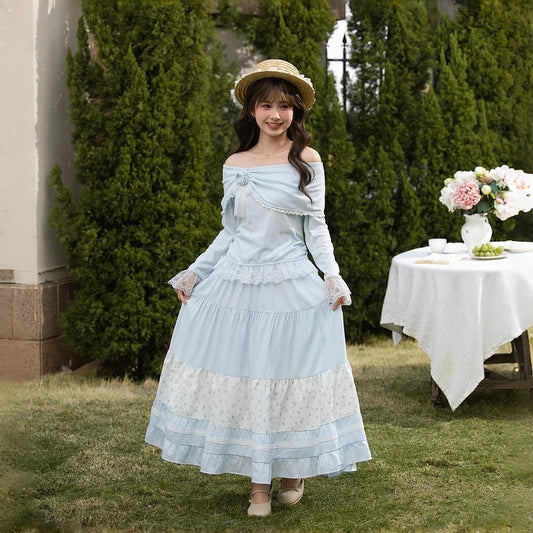 Sweet Girlish Blue Floral Print Long Skirt