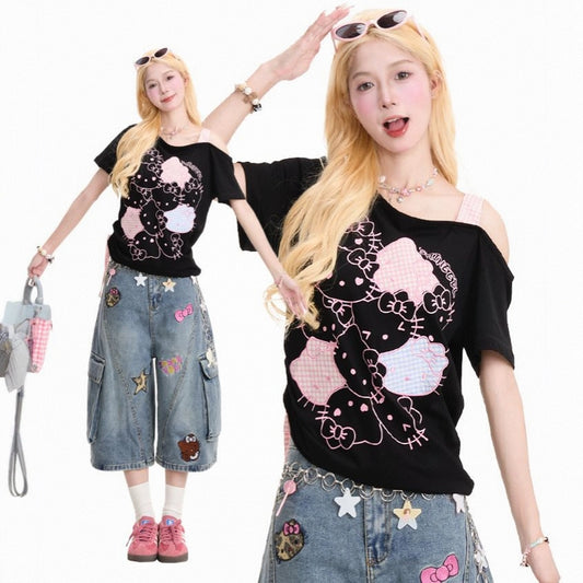Sweet and Girly Plaid Hello Kitty Print T-shirt