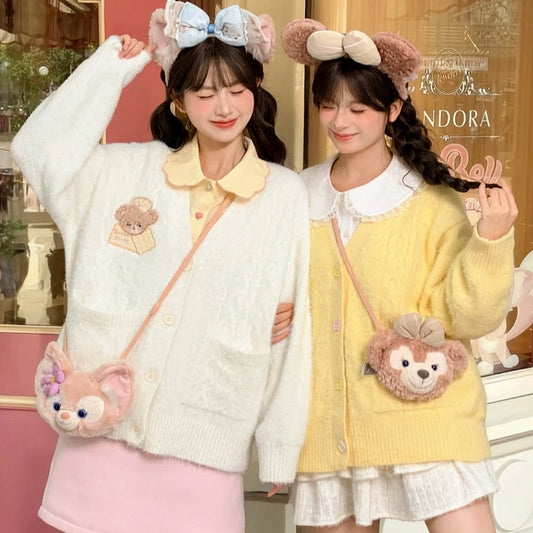 Sweet Girly Style Cute Bear Embroidered Cardigan Sweater