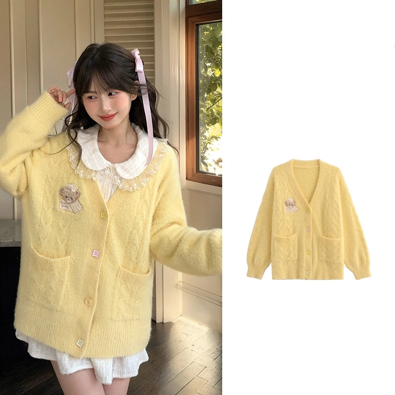 Sweet Girly Style Cute Bear Embroidered Cardigan Sweater