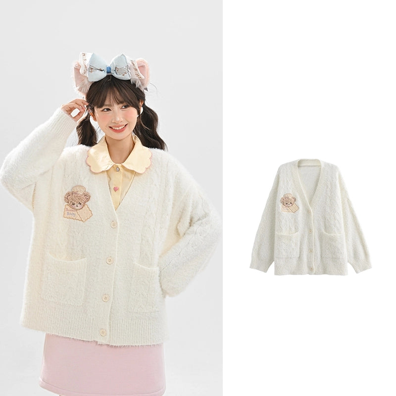 Sweet Girly Style Cute Bear Embroidered Cardigan Sweater