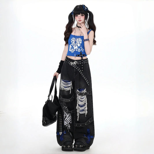 Vintage Punk Distressed Skull High Waist Jeans