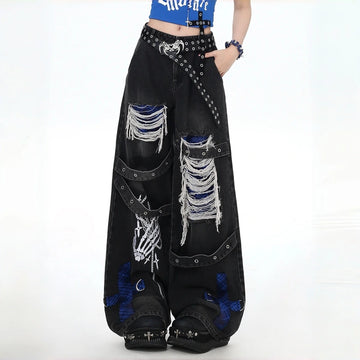 Vintage Punk Distressed Skull High Waist Jeans