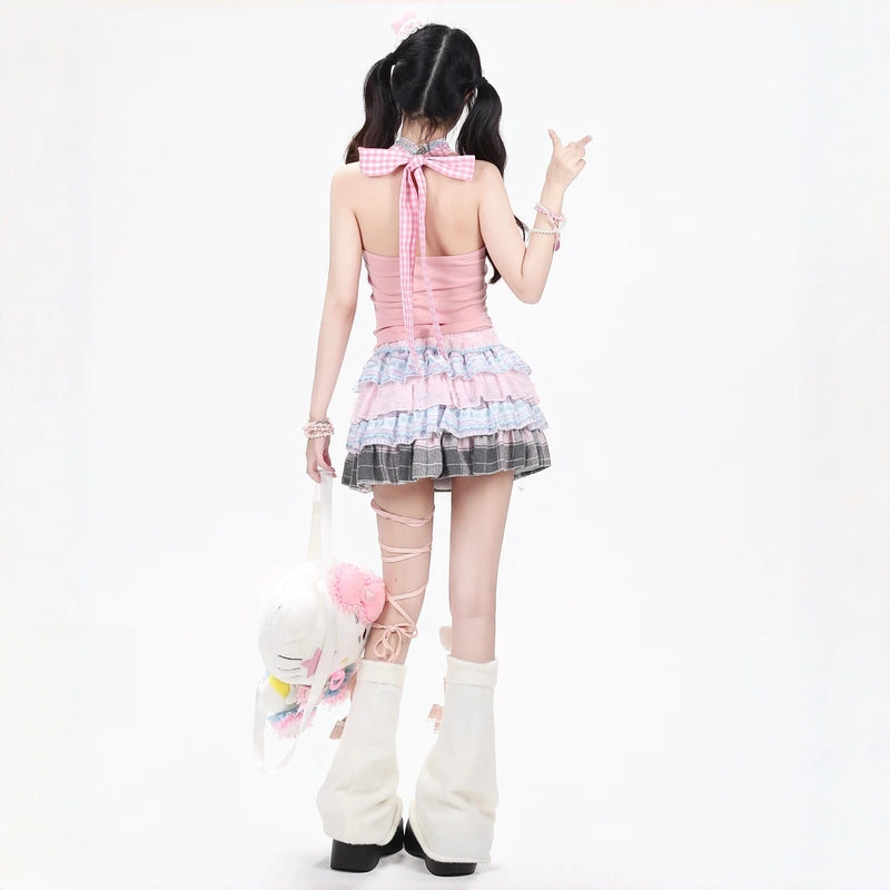 Y2K Plaid Bow Halter Crop Top