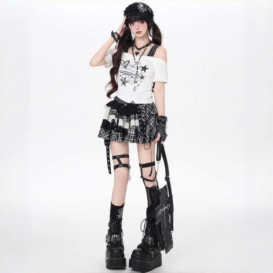 Y2K Plaid Lace-Up High Waist A-Line Skirt